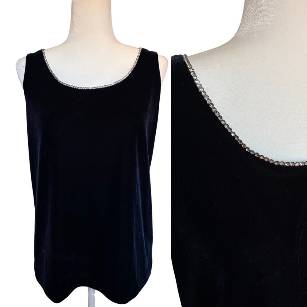 Vintage Black Velvet Tank Rhinestone Trim Sleeveless Size 10